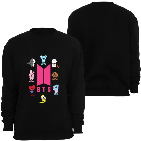 Bt21 Bts Anime Baskılı Bisiklet Yaka Sweatshirt  SİYAH 4XL