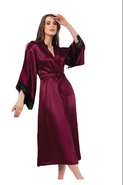 FAAL SATEN DANTELLİ UZUN SABAHLIK KİMONO 5901 - 8