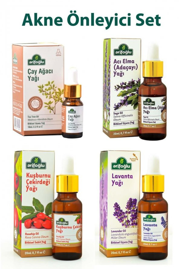 Arifoğlu Akne Önleyici Set: Çay Ağacı 10ml+lavanta 20 Ml+adaçayı 20 Ml+kuşburnu Çekirdeği 20 Ml
