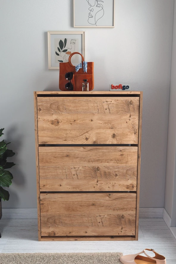 Bofigo Düşer Kapak Ayakkabılık Kayar Raflı Ayakkabılık 3 Bölmeli Ayakkabılık Çam - 2