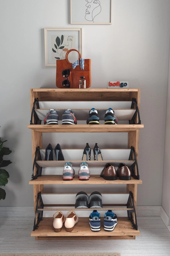 Bofigo Düşer Kapak Ayakkabılık Kayar Raflı Ayakkabılık 3 Bölmeli Ayakkabılık Çam - 4