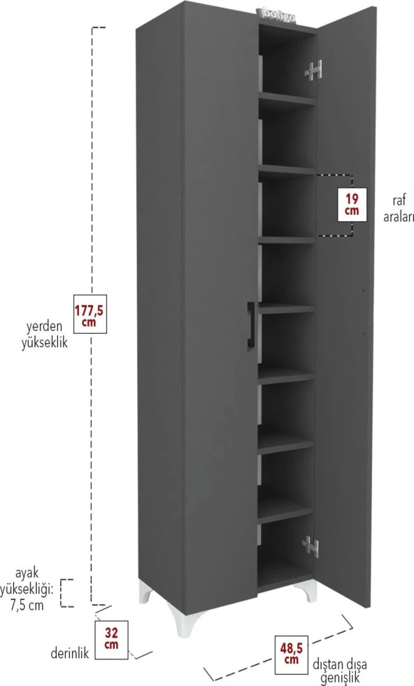 Bofigo 8 Raflı 2 Kapaklı Çok Amaçlı Mutfak Dolabı Banyo Dolabı Çok Amaçlı Dolap Cemre Antrasit - 5