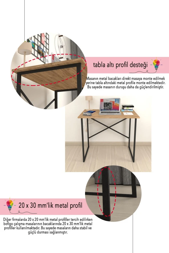 Bofigo 60x90 cm Çalışma Masası Bilgisayar Masası Ofis Ders Yemek Masası Çam - 6