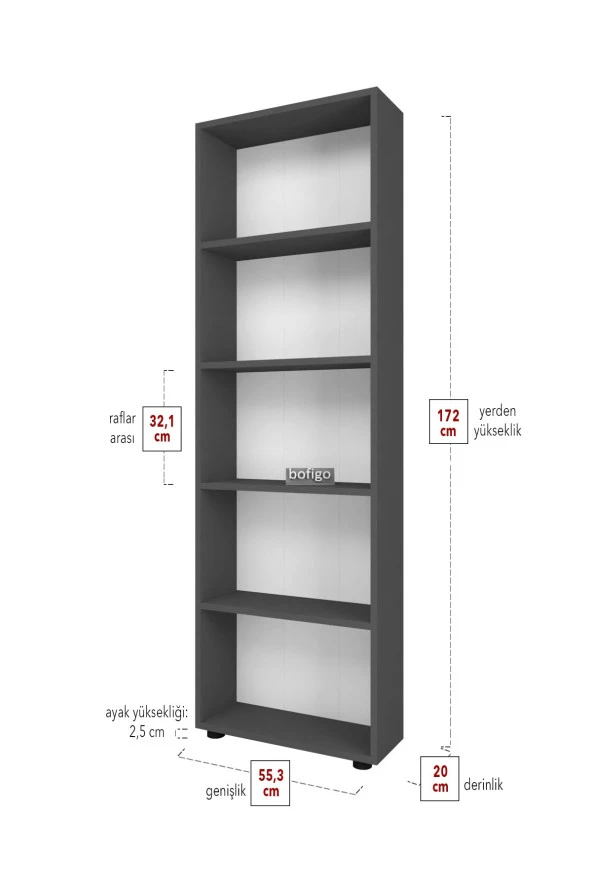 Bofigo Dekoratif 5 Raflı Kitaplık Modern Kitaplık Antrasit - 5