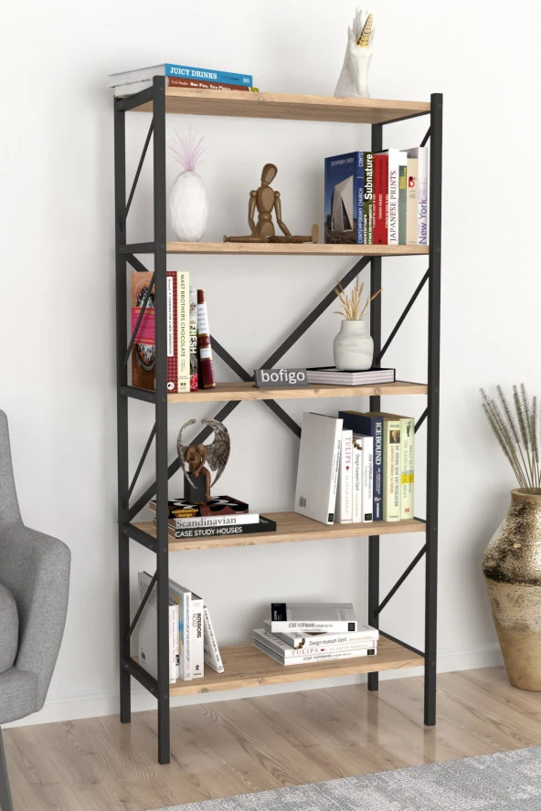Bofigo Dekoratif 5 Raflı Kitaplık Metal Kitaplık Çam - 2
