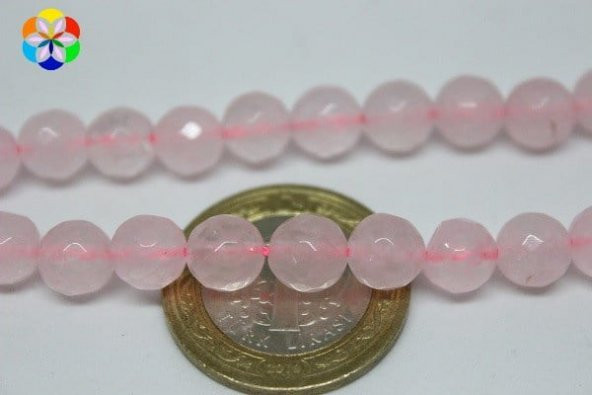 Pembe Kuvars Taşı Faset Kesim YARIM Dizi 8mm (18cm uzunluğundadır) - Resim 2