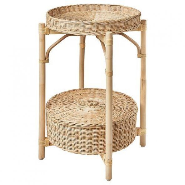 2 Katlı Rattan Komodin-Sehpa MeridyenDukkan 52 cm Doğal El Örmesi Çıkarılabilir Tepsi