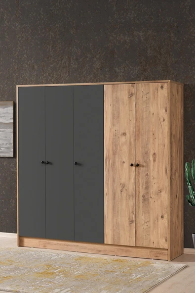 AEKA Ae-3059 Diva 5 Kapaklı Çok Amaçlı Askılıklı Raflı Bölmeli Atlantik Çam Ve Antrasit Gardırop 180 Cm - 1