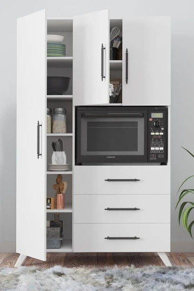 AEKA Ae-2074 Aras Beyaz Çok Amaçlı Mutfak Dolabı&banyo Dolabı, Kiler, 3 Kapaklı, 3 Çekmeceli, Fırın Bölme - 5