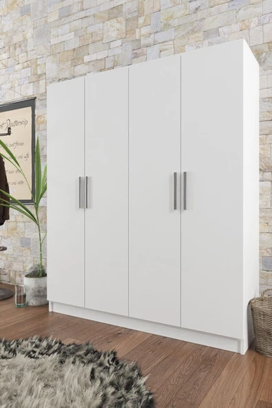 AEKA Ae-1059 Milano Beyaz 4 Kapaklı Gardırop 11 Raflı 2 Askılıklı Beyaz