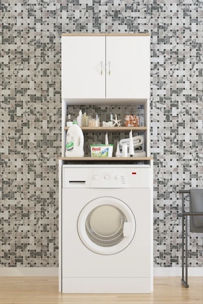 AEKA Ae-2042 Solo Çamaşır Makinesi Dolabı, Banyo Dolabı, 4 Raflı, Kapaklı, Beyaz Dolap - 5