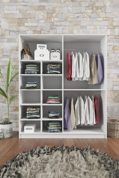 AEKA Ae-1059 Milano Beyaz 4 Kapaklı Gardırop 11 Raflı 2 Askılıklı Beyaz - 2