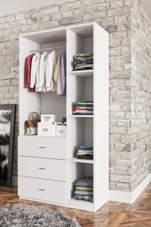 AEKA Beyaz Polo 3 Kapaklı Raflı Askılıklı 3 Çekmeceli Gardırop Ae-1069 - 2