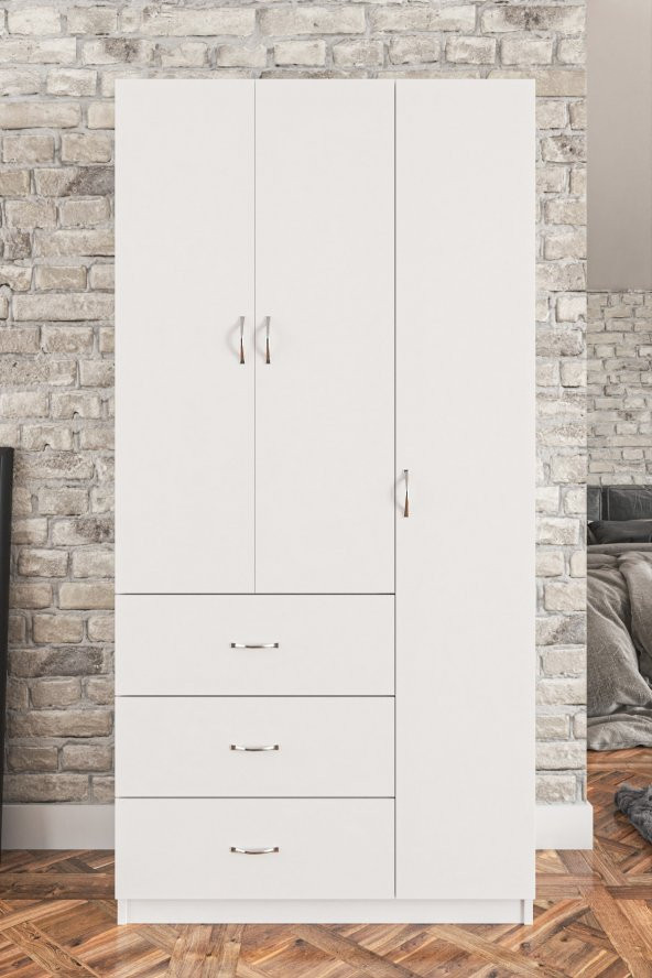 AEKA Beyaz Polo 3 Kapaklı Raflı Askılıklı 3 Çekmeceli Gardırop Ae-1069 - 4