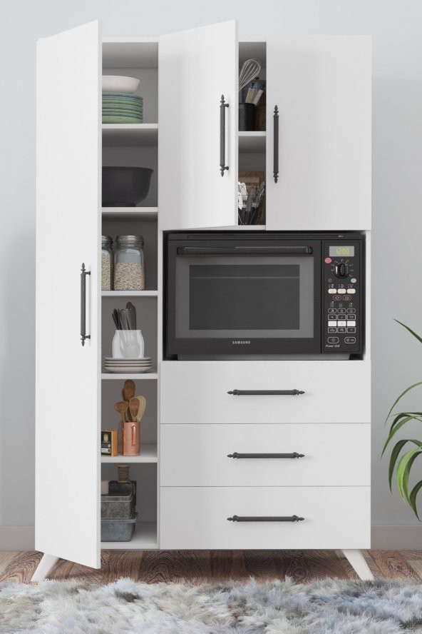 AEKA Ae-2074 Aras Beyaz Çok Amaçlı Mutfak Dolabı&banyo Dolabı, Kiler, 3 Kapaklı, 3 Çekmeceli, Fırın Bölme - 4