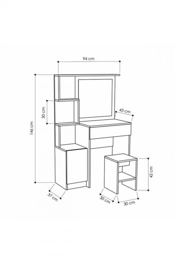 AEKA Ae-4002 Novella Puflu Aynalı Makyaj Masası, Dolaplı, Çekmeceli, Raflı, Beyaz, Minderli, Tuvalet - 3