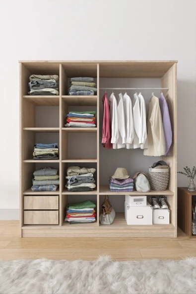 AEKA Ae-4001 Zambak Sürgülü Dolap Çok Raflı Çekmeceli Askılı Antrasit Gri Gardırop - 5