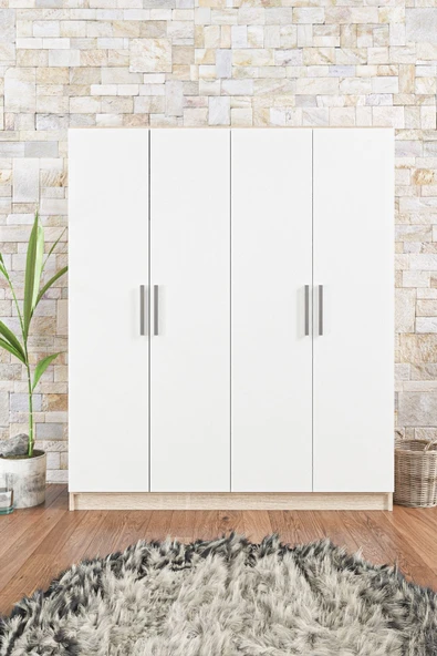 AEKA Ae-1059 Milano Beyaz Sonomo 4 Kapaklı Gardırop 11 Raflı 2 Askılıklı