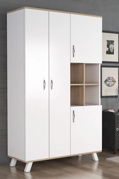 AEKA Ae-1065 Atlas 4 Kapaklı Çok Amaçlı Askılıklı Raflı Bölmeli Gardırop Beyaz Dolap - 1