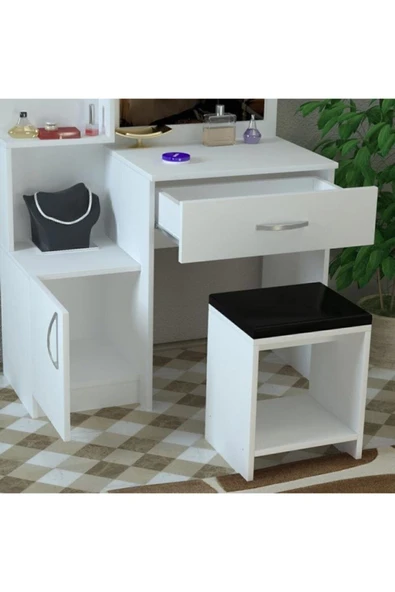 AEKA Ae-4002 Novella Puflu Aynalı Makyaj Masası, Dolaplı, Çekmeceli, Raflı, Beyaz, Minderli, Tuvalet - 2