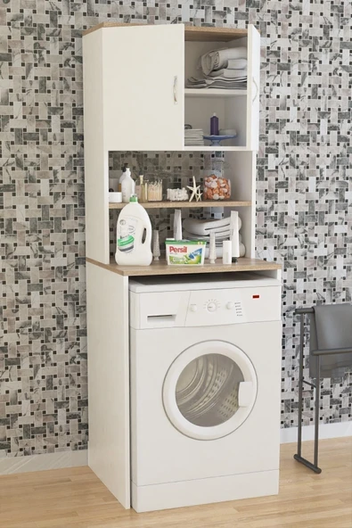 AEKA Ae-2042 Solo Çamaşır Makinesi Dolabı, Banyo Dolabı, 4 Raflı, Kapaklı, Beyaz Dolap