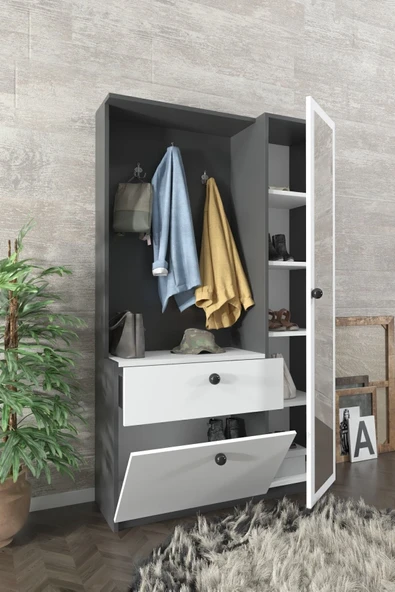 AEKA Ae-3042 Reina Aynalı Delüx Vestiyer Ayakkabılık Portmanto Takımı Antrasit Gri /beyaz - 3