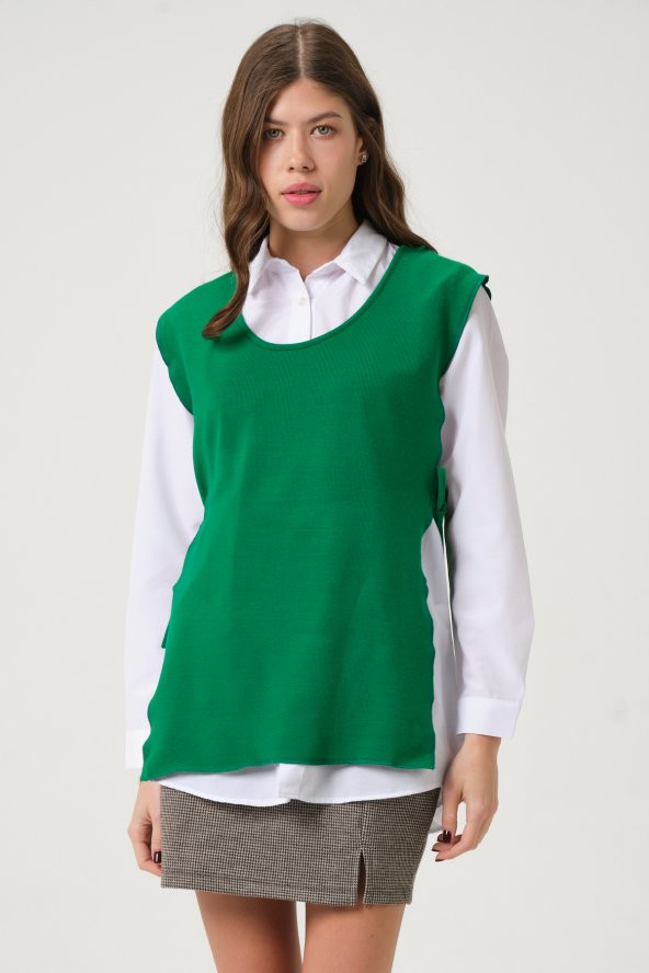 23112-Kadın Yandan Bağlamalı Basic Relax Fit Gömlek ve Süveter Takım - Yeşil