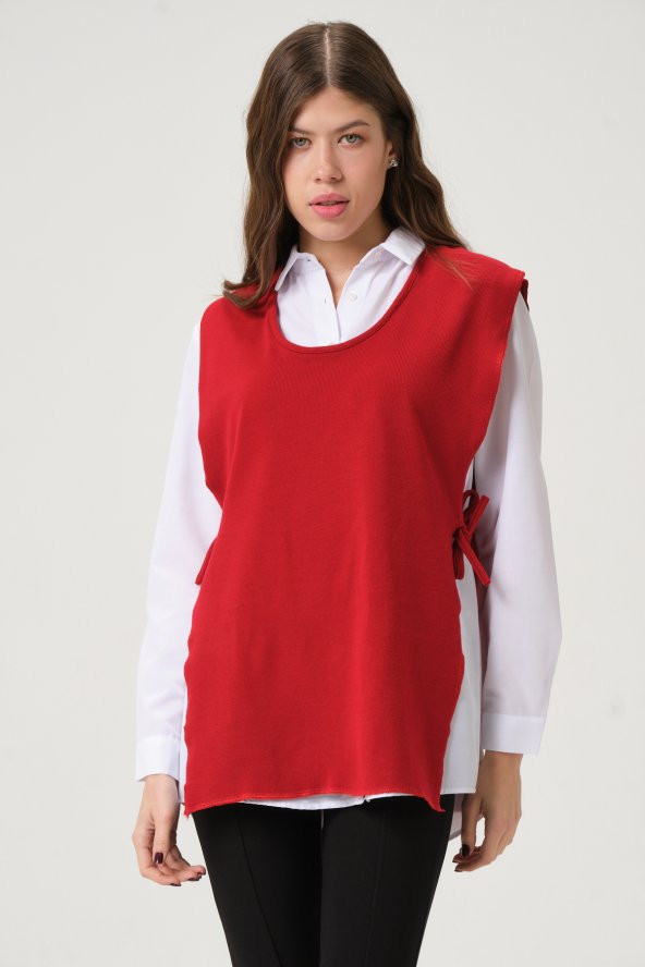 23112-Kadın Yandan Bağlamalı Basic Relax Fit Gömlek ve Süveter Takım - Kırmızı
