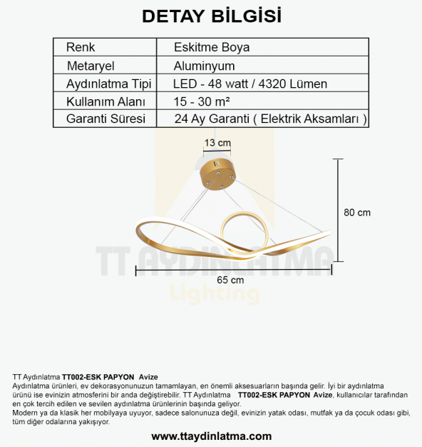 TT Aydınlatma TT002-ESK  Papyon Modeli Eskitme Boyalı Led Avize - Resim 4