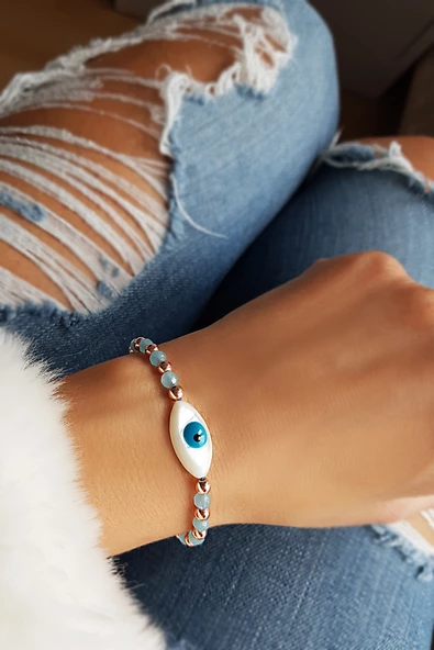 Sedef Mavi Quartz ve Hematit Taşlı Gümüş Bileklik ürün görseli