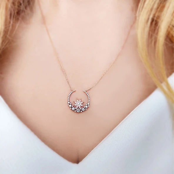 925 Ayar Gümüş Ay ve Yıldız Kolye - Resim 2