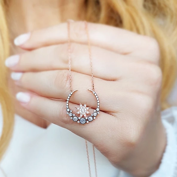 925 Ayar Gümüş Ay ve Yıldız Kolye - Resim 3