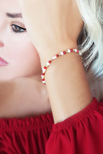 İnci Mercan Ve Hematit Taşlı Gümüş Bileklik ürün görseli