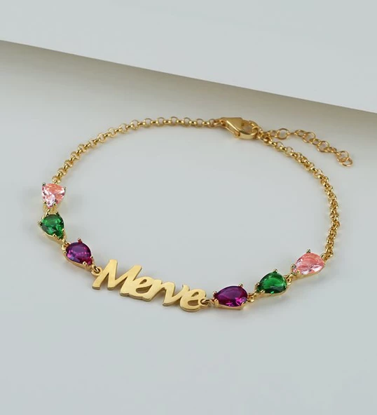 Vaoov 925 Ayar Gümüş Renkli Taşlı İsimli Hediye Kadın Bileklik ürün görseli