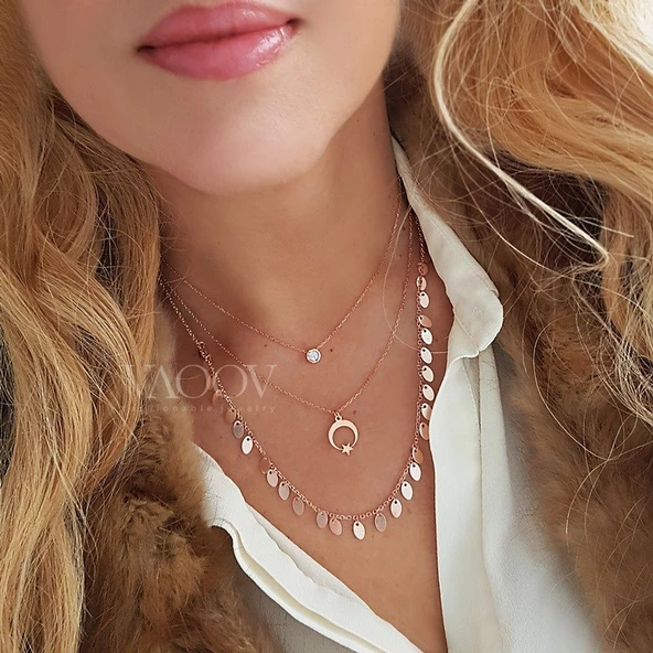 925 Ayar Gümüş Çift Zincirli Ay Yıldız Kolye - Resim 2