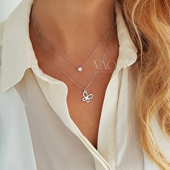 925 Ayar Gümüş Çift Zincirli Kelebek Kolye ürün görseli
