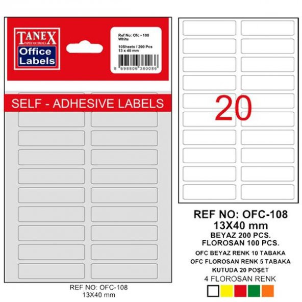 Tanex Ofis Etiketi Poşetli 13x40 MM Beyaz OFC-108 ürün görseli