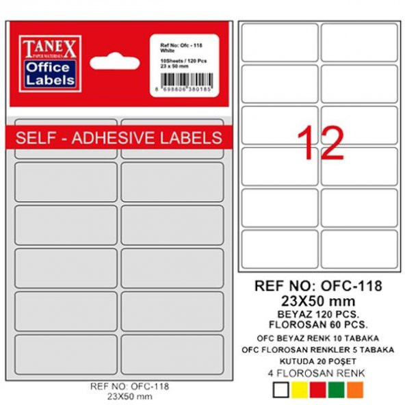 Tanex Ofis Etiketi Poşetli 23x50 MM Beyaz OFC-118 ürün görseli