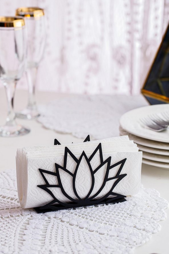 Lotus Çiçeği Motifli Masaüstü Dekoratif Peçetelik Havluluk Siyah (Ölçü:12 x 8,5)