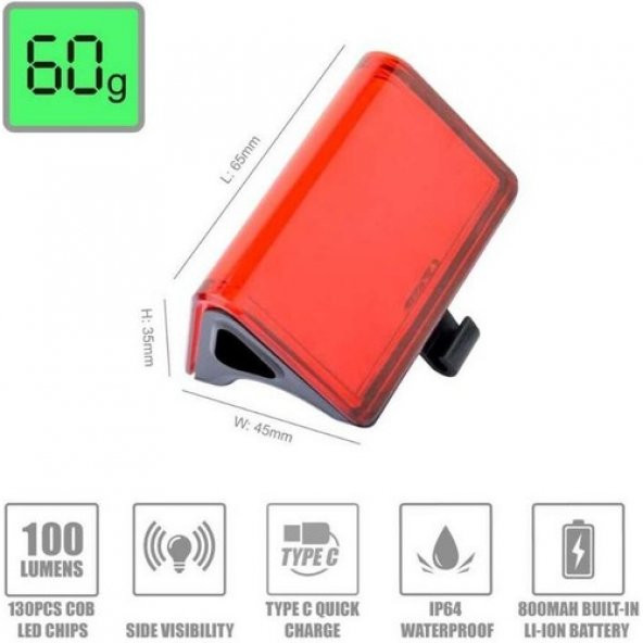 Eastpower LW-R200 100 Lümen USB Şarjlı Bisiklet Arka Stop Işık - 3
