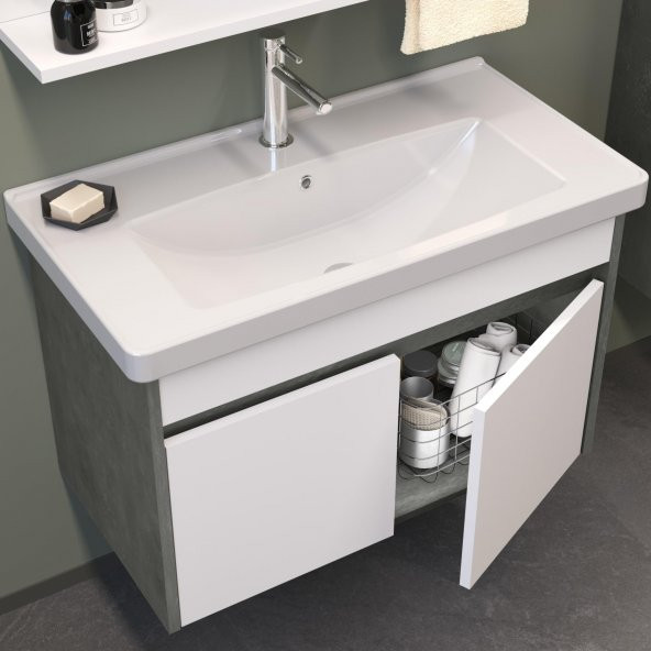 Orka Aydos 65 cm Retro Gümüş/Beyaz Banyo Dolabı Takımı - 2