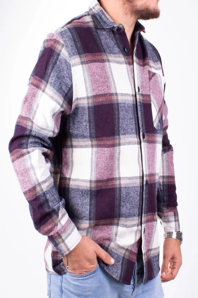 Dagoster DMG23-194635 Bordo Günlük Tek Cep Ekose Oduncu Oversize Erkek Gömlek