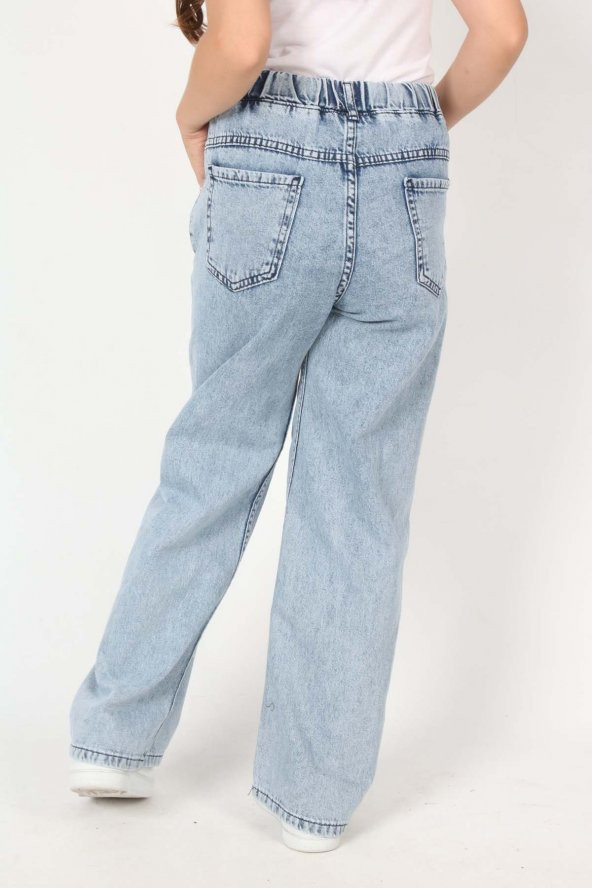 Kız Çocuk Komple Bel Lastikli Bol Paça Rahat Günlük Jean Kot Pantolon - 7