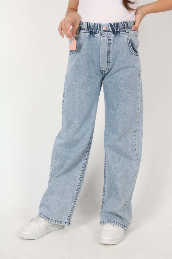 Kız Çocuk Komple Bel Lastikli Bol Paça Rahat Günlük Jean Kot Pantolon - 8