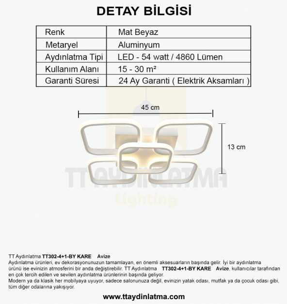 TT Aydınlatma TT302-4+1-BY Kare Tt Aydınlatma Mat Beyaz 5 Li LED Avize - 4