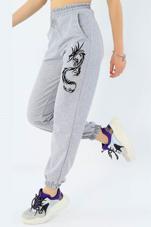 Dragon Baskılı Gri Jogger Eşofman