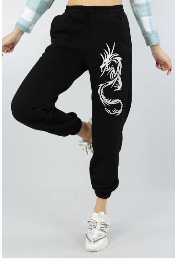 Dragon Baskılı Siyah Jogger Eşofman