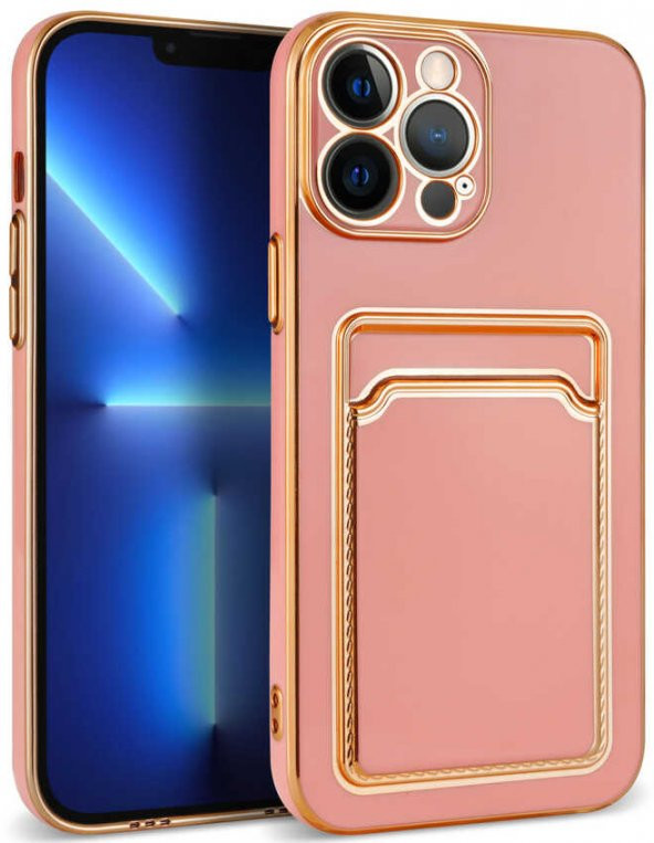 Apple iPhone 13 Pro Kılıf Kartlıklı Kenarları Gold Yüzeyi Pastel Renk Kapak - 3