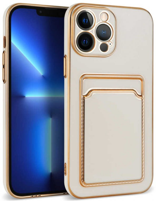 Apple iPhone 13 Pro Kılıf Kartlıklı Kenarları Gold Yüzeyi Pastel Renk Kapak - 5