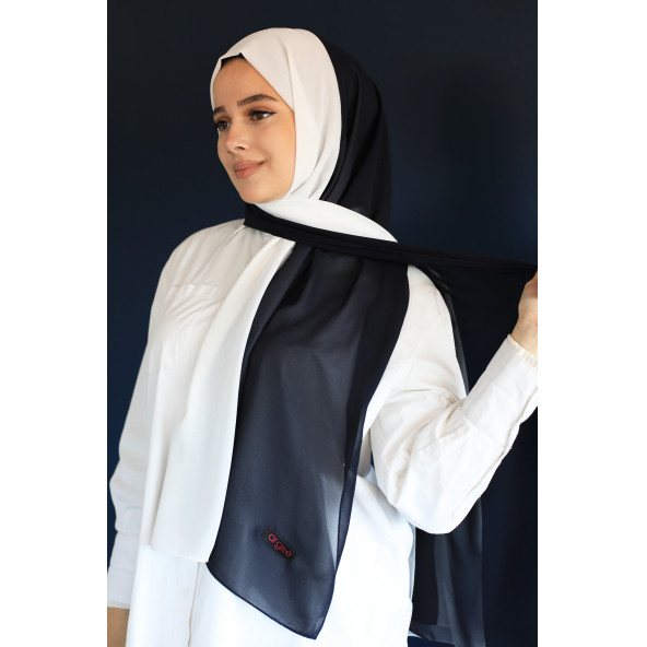 İki Renkli Şifon Şal Beyaz-Lacivert